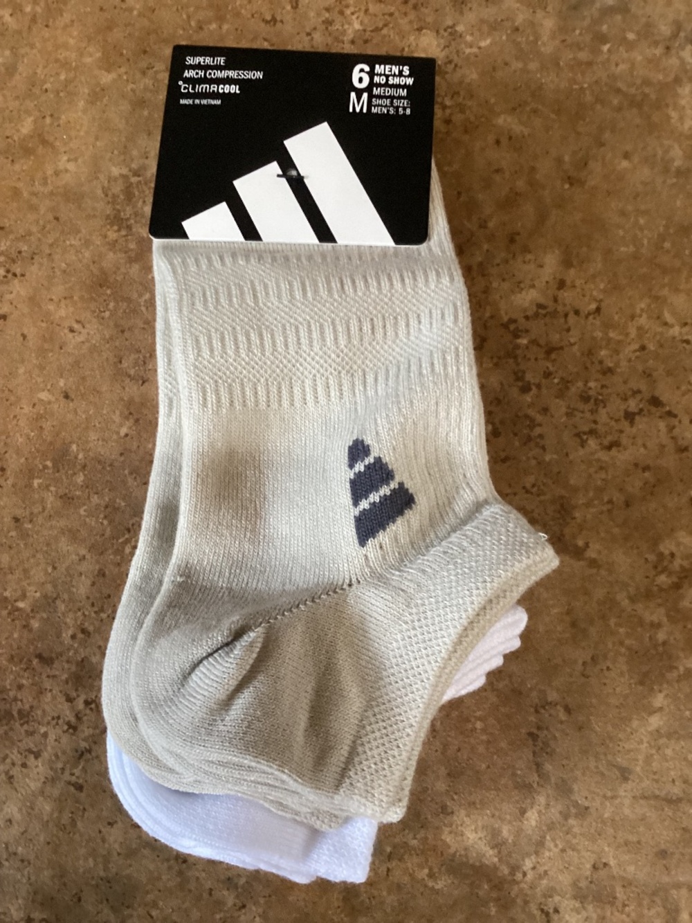Adidas Mens No Show Ankle Socks Medium 5-8 Pack Of 6 -3 White 3 Beige Arch New